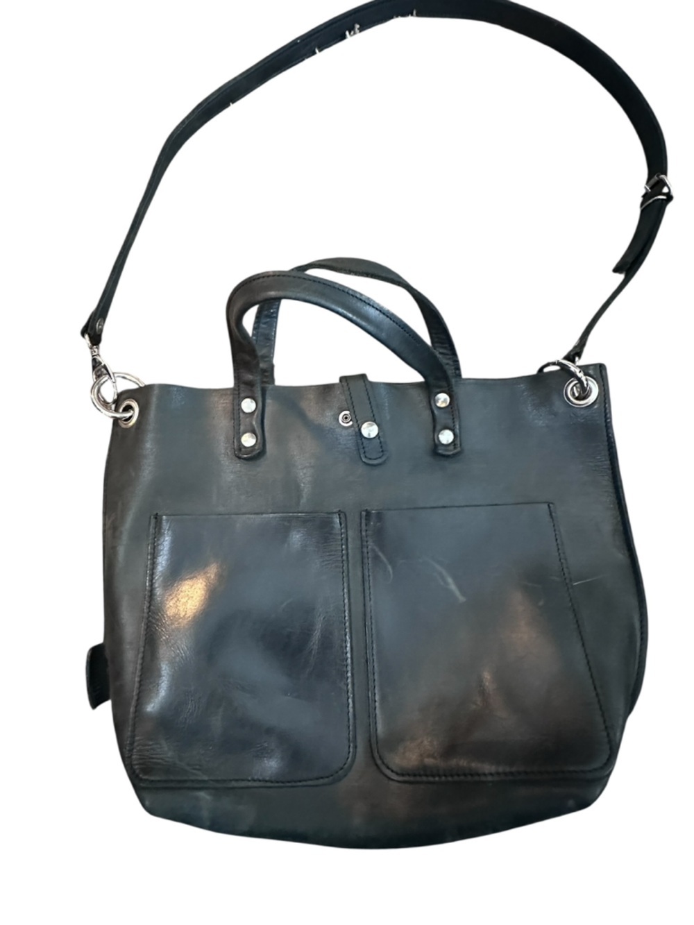 Sturdy Black Oiled Leather Tote Bag with Dual Front Pockets